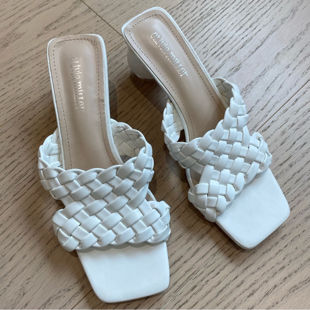 Olivia Miller Women's Jackie Heel Sandals, White, Lucite, Braided, Size 7